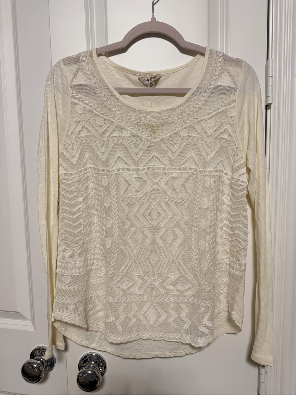 Lucky Brand Cream Crochet Embroidered Long Sleeve Top Medium